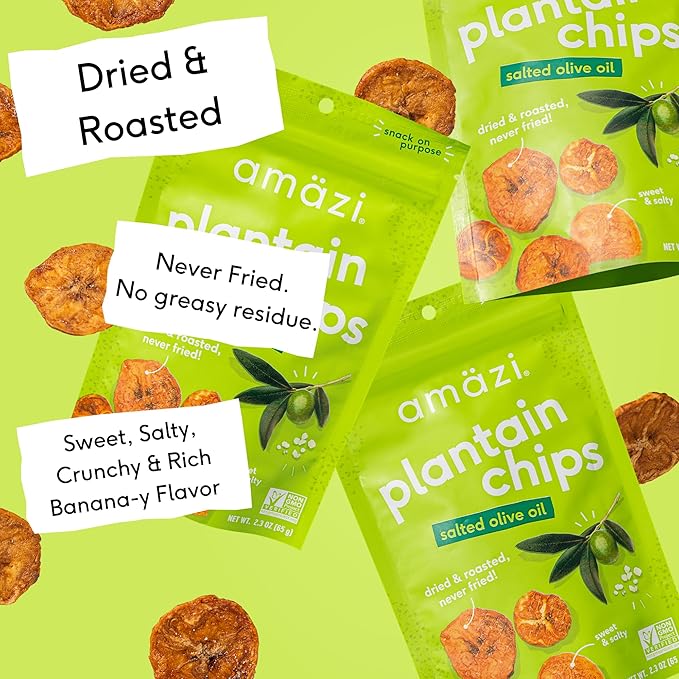 Am채zi Foods | Dried & Roasted Salted Olive Oil Plantain Chips (6 Pack) | All Natural Mini Travel Crunchy Dried Fruit Snacks | Gluten Free Healthy Snacks