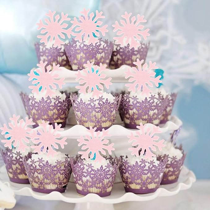 50 PCS Pink Edible Snowflake Cupcake Toppers Edible Snowflakes Cupcake Picks Wafer Paper Frozen Cake Toppers for Christmas Winter Frozen Theme Baby Shower Birthday Party Cake Decorations Supplies