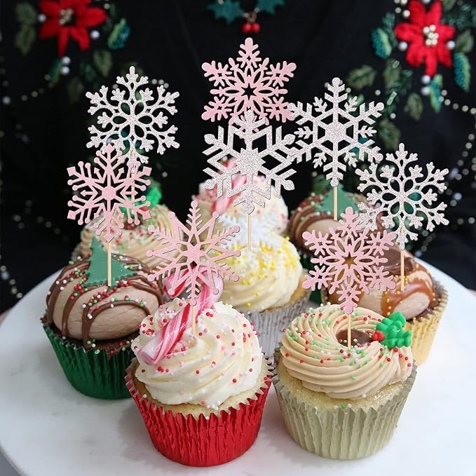 36 PCS Snowflake Cupcake Toppers Glitter Winter Frozen Theme Cupcake Picks Little Snowflake Cake Decorations for Winter Wonderland Baby Shower Kids Birthday Christmas Party Supplies Silver Pink