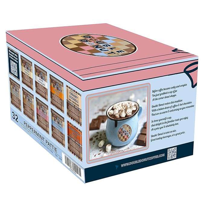 Double Donut Flavored Hot Chocolate Packets, Peppermint Pattie, Peppermint Hot Chocolate, Hot Peppermint Cocoa Mix 128 count