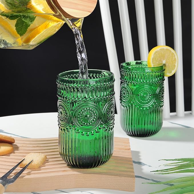 Joeyan Vintage Drinking Glasses Set of 4,14 oz Green Embossed Sunflower Beaded Highball Glass Water Tumbler Cups,Colored Romantic Glassware for Beverages Cocktail Juice Wine,Dishwasher Safe