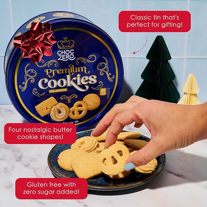 ChocZero Keto Butter Cookies - Sugar Free Danish Shortbread Gift - Gluten Free, Low Carb (1 tin, 12 oz)