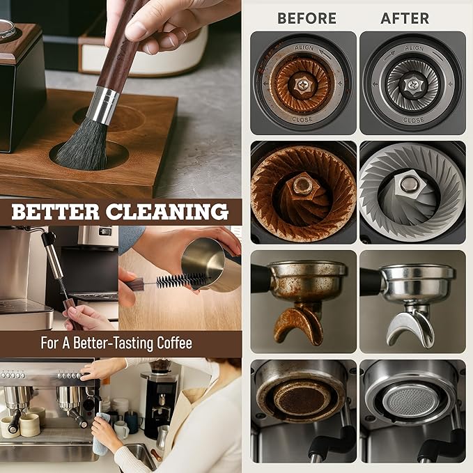Takavu Coffee Grinder Cleaning Kit ??5pcs Boar Bristle Grinder Brush, Detail Scrub Brush, Steam Wand Brushes & Microfiber Towel for Espresso Machine Coffee Maker Pour Over