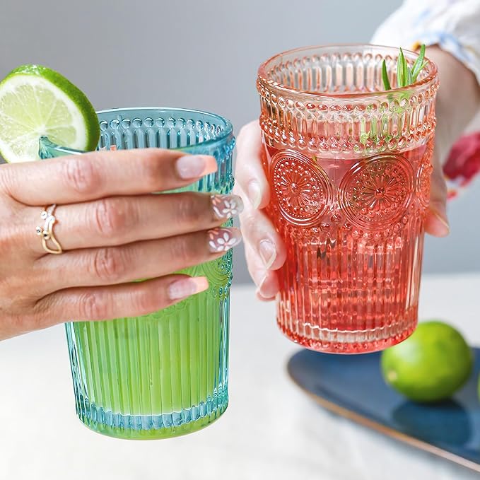 Vintage Textured Aqua Blue Striped Drinking Glasses Set of 6-13 oz Ribbed Glassware with Flower Design | Cocktail Set, Juice Glass, Water Tumbler
