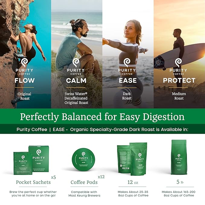 Purity Coffee EASE Dark Roast Low Acid Organic Coffee - USDA Certified Organic Specialty Grade Arabica Single-Serve Coffee Pods - Third Party Tested for Mold, Mycotoxins and Pesticides - 12 ct Box