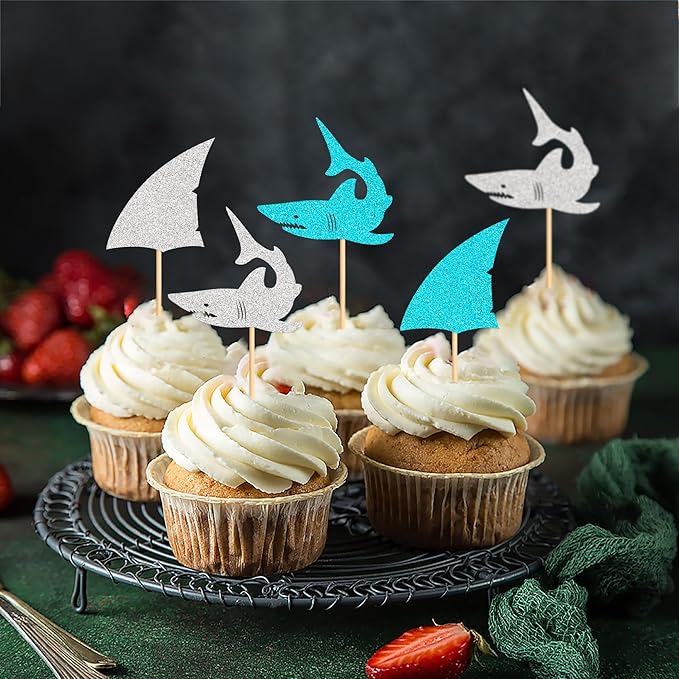 24 PCS Glitter Shark Cupcake Toppers Ocean Themed Party Shark Cake Decor Baby Shower Birthday Party Decorations