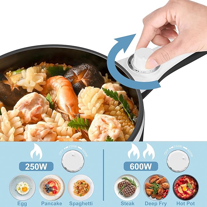 Dezin Hot Pot Electric Upgraded, Non-Stick Saut챕 Pan, Rapid Noodles Electric Pot, 1.5L Mini Portable Hot Pot for Steak, Egg, Fried Rice, Ramen, Oatmeal, Soup with Power Adjustment