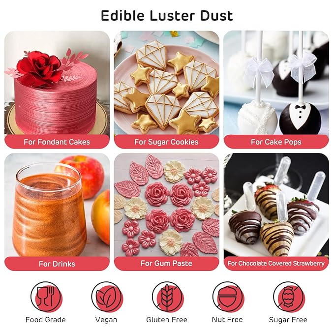 Nomeca Edible Luster Dust, 8 Grams Food Grade Cake Dust Metallic Shimmer Food Coloring Powder for Cake Decorating, Baking, Fondant, Gumpaste, Chocolate, Candy, Drinks, Cookies - Burgundy