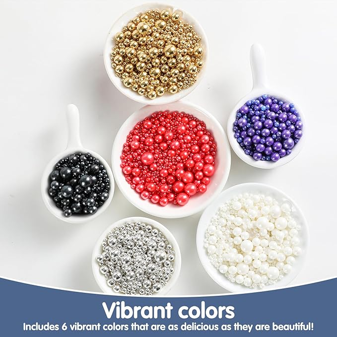 Kasvan Edible Pearl Sugar Sprinkles, 6 Colors Mix for Cake Decorating, Gold Silver White Black Purple and Red Sprinkles for Cakes & Cupcakes, Baking Cake Decorations, Wedding Party Chirstmas Supplies (Mixed)