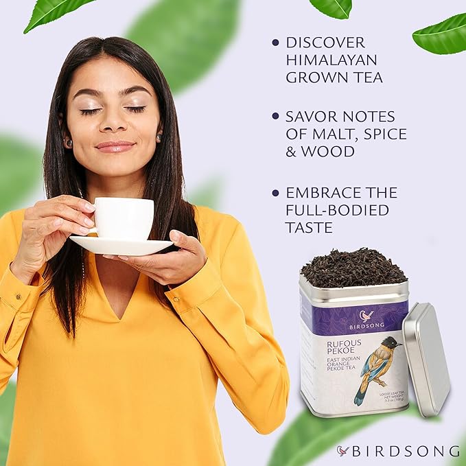 Birdsong Rufous Pekoe -Organic East Indian Orange Pekoe Tea with Malt, Spice and Wood Notes, 100% Natural Sweet Caffeinated English Breakfast Black Tea, 20 Non-GMO Plant-Based Pyramid Tea Bags