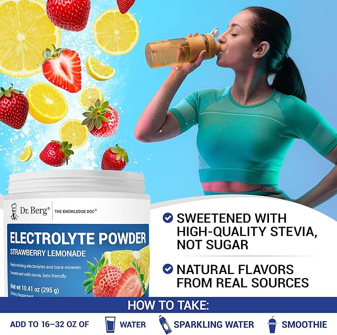 Dr. Berg Zero Sugar Hydration Keto Electrolyte Powder - Enhanced w/ 1000 mg of Potassium & Real Pink Himalayan Salt (NOT Table Salt) - Strawberry Lemonade Hydration Drink Supplement - 50 Servings