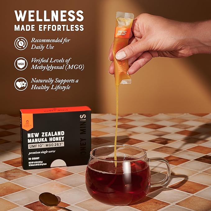 Nate's Manuka Honey Minis - 10 count Single-serve, Pure Manuka Honey - MGO 263+ | UMF Certified 10+ - 10 Single-Serve Packets for On-the-Go Daily Wellness