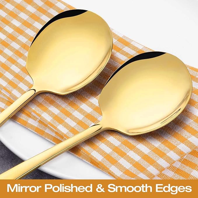 Extra Large Serving Spoons Set 11.7 Inch Gold Serving Utensils 18/8 Stainless Steel Big Metal Spoons for Buffet, Parties, Catering, Banquet - Dishwasher Safe (6-Piece, Gold)