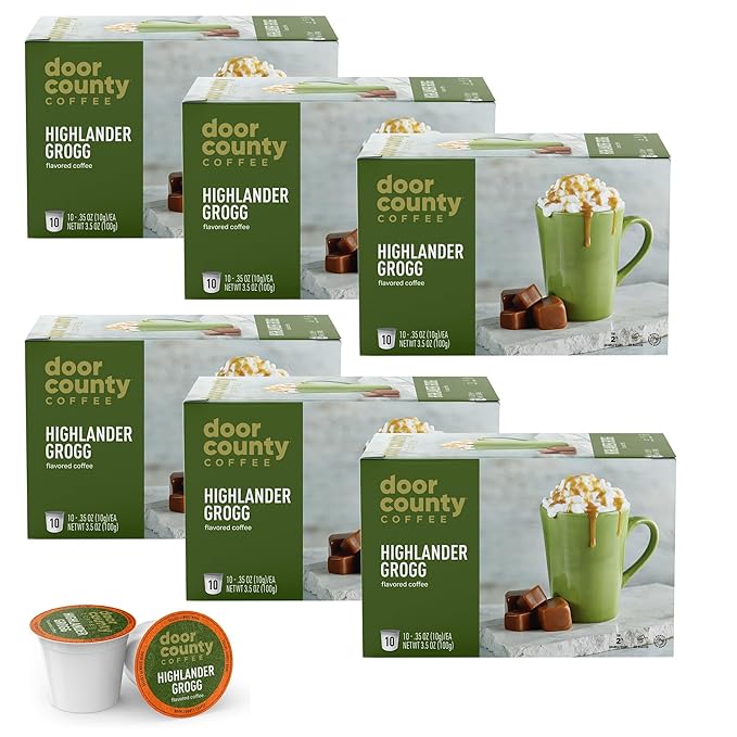 Door County Coffee Highlander Grogg Flavored Ground | 60 Count Single Serve Cups | Medium Roast | 100% Specialty Arabica | Flavored Gourmet | Caramel & Irish Cream