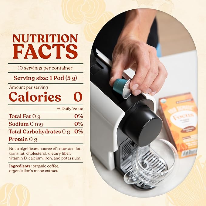 Four Sigmatic Focus Coffee Pods Compatible with Nespresso Original | Organic Dark Roast Espresso with Added Focus | Mushroom Coffee Enhanced with Lion's Mane | Original Dark Roast 10ct