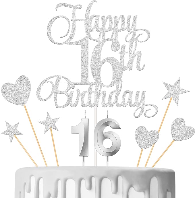 16th Birthday Cake Decorations, 16th Birthday Candles Cake Numeral Candles and Glitter Happy 16th Birthday Cake Toppers Set for Birthday Party Supplies (Silver)