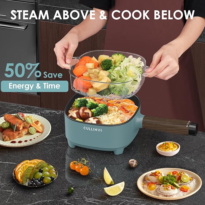 2L Electric Pot with Steamer, Portable Hot Pot Electric with Upgrade Honeycomb Nonstick Coating for Dorm, Office, Travel, Multi Cooker Pot for Ramen, Soup, Oatmeal (Tongs Included)