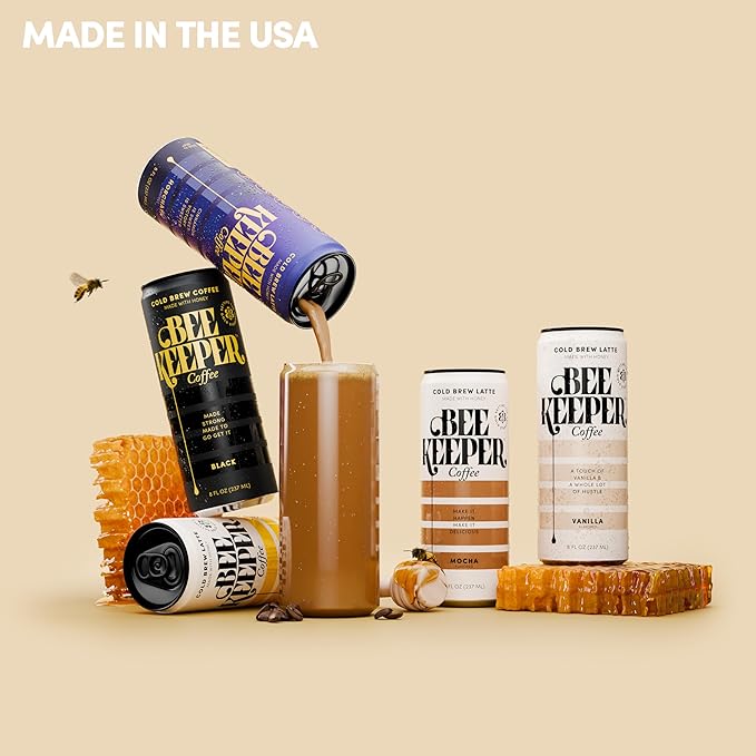 Beekeeper Coffee Cold Brew with Oregon Honey, Mixed Variety Pack, 8 fl oz Cans (Pack of 12), Ready-to-Drink Black, Caramel, Mocha & Vanilla Lattes