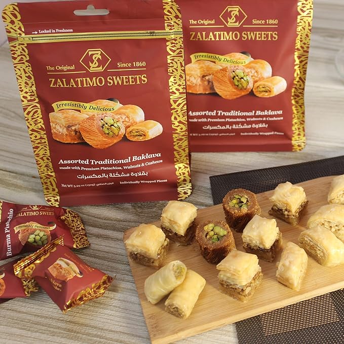 Zalatimo Sweets Since 1860, 100% All-Natural Assorted Baklava, Slightly Sweet, No Preservatives, No Additives, No Corn Starch, No Syrups! 5.3oz