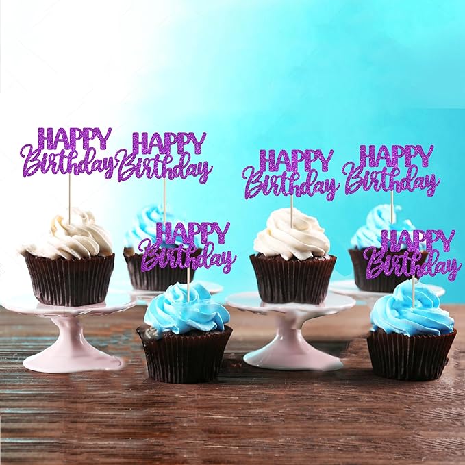 30 PCS Happy Birthday Cupcake Toppers Glitter Happy Birthday Cupcake Picks for Celebrating Anniversary Theme Party Cake Decorations Supplies Dark Purple
