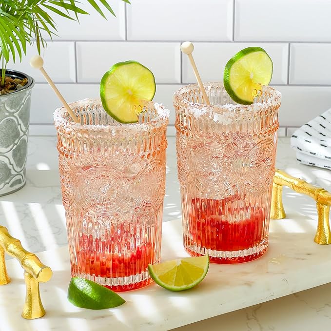 Vintage Textured Rose Gold Striped Drinking Glasses Set of 6, (13 oz) Ribbed Glassware Set | Cocktail Set, Ice Tea Glasses, Juice Glass, Water Cups