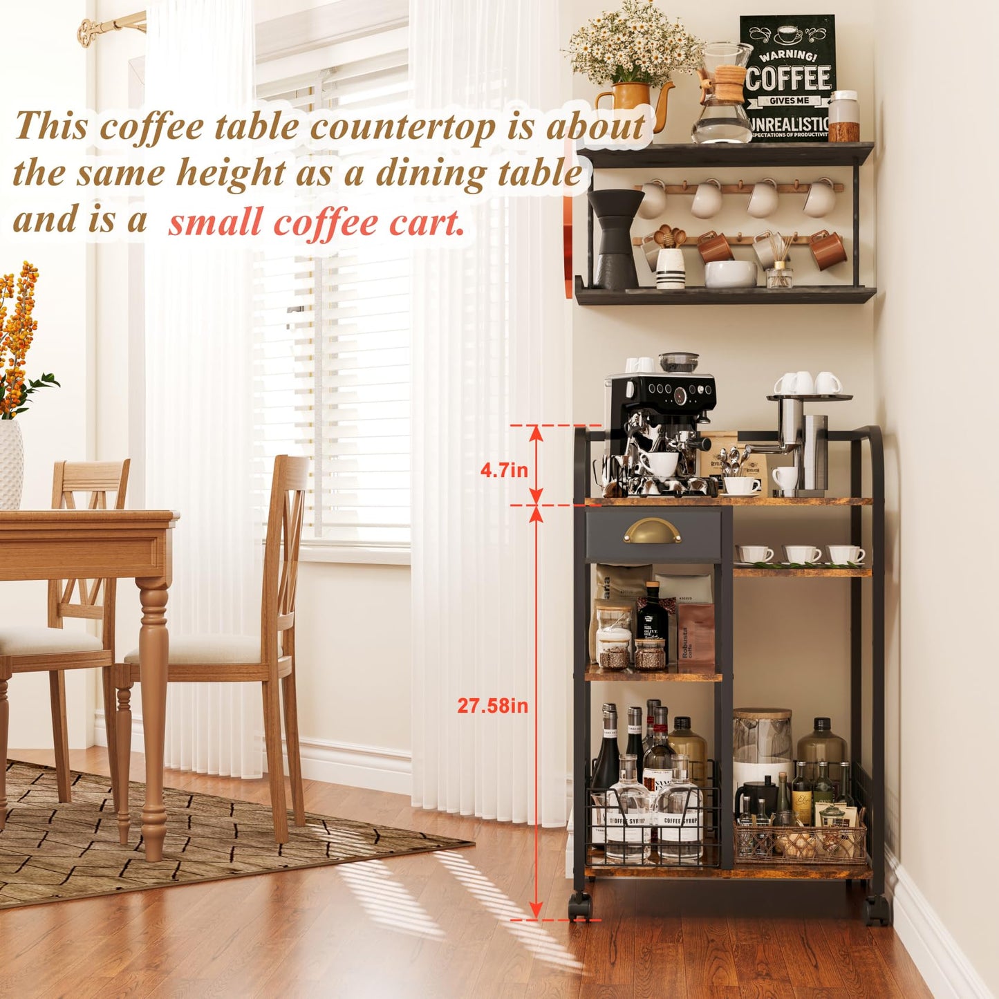 keomaisyto Coffee Cart with Storage Drawer, Coffee Bar Cabinet with Wheels, 4-Tier Adjustable