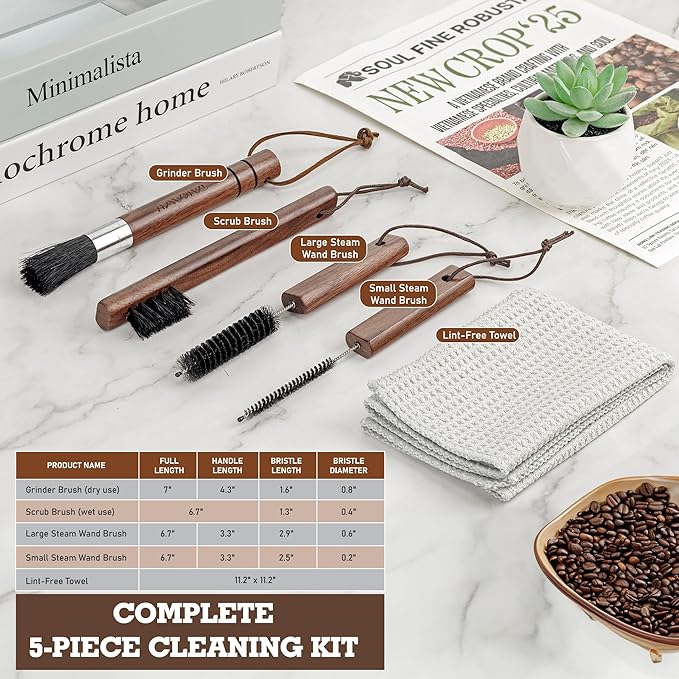 Takavu Coffee Grinder Cleaning Kit ??5pcs Boar Bristle Grinder Brush, Detail Scrub Brush, Steam Wand Brushes & Microfiber Towel for Espresso Machine Coffee Maker Pour Over