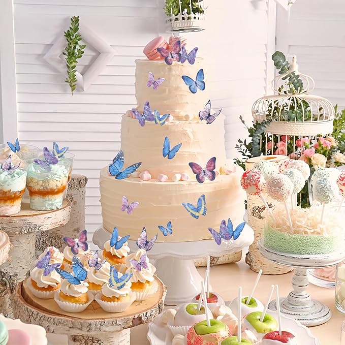 Morofme 40Pcs Wafer Paper Butterfly Cupcake Toppers Edible Butterflies Cake Decorations Butterflies Themed Cake Toppers Mixed Sizes for Birthday Baby Shower Party