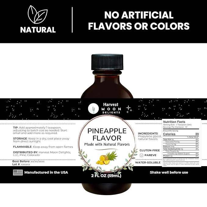 Natural Pineapple Extract - 2 oz - Water-Soluble - By Harvest Moon Delights - Pineapple Extract for Baking, Ice Cream, Drinks, and Candy - Flavoring, Flavor, Sugar-Free,