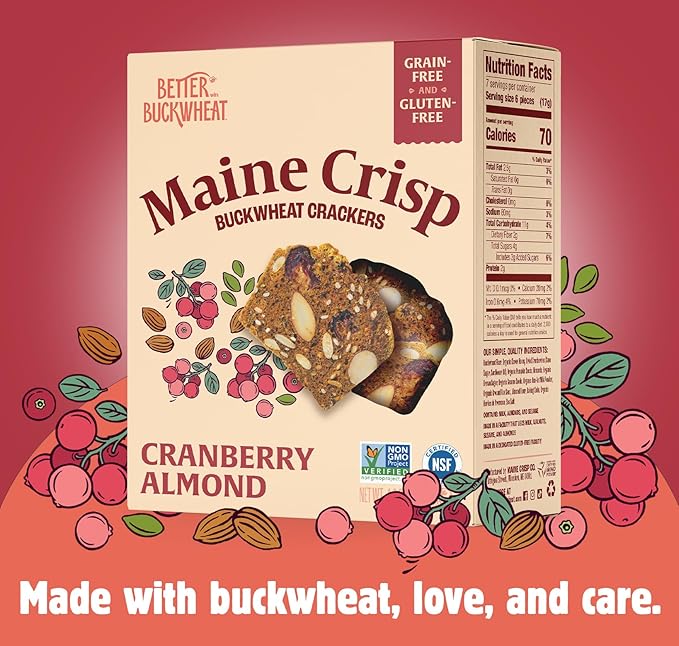 Maine Crisp Cranberry Almond Crisps, 4 Pack - Snack Crackers, Grain Free, Non-Gmo - Sweet & Savory Flavor, for Cheese Boards, Salad Toppings & Jams