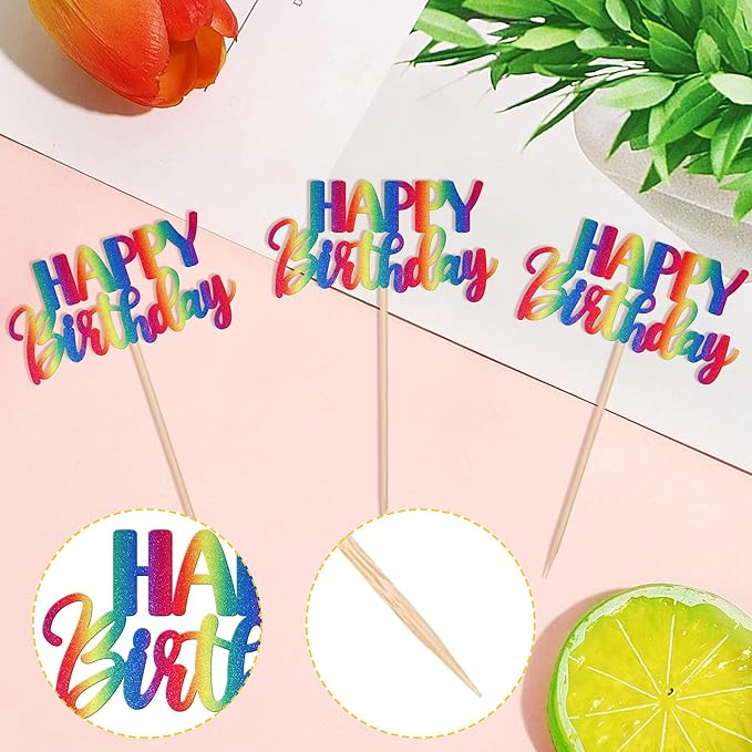 ZHUOWEISM 30 PCS Rainbow Happy Birthday Cupcake Toppers - Glitter Cupcake Picks for Celebrating Birthday & Anniversary Parties - Non-Edible Cake Decorations
