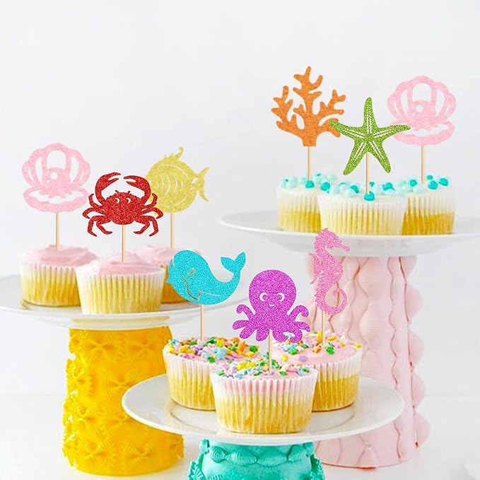 24 Pcs Ocean Cupcake Toppers - Ocean Theme Party Decorations Sea Animals Dolphin Whale Turtle Octopu Weaweed Party Cake Picks for Kids Under the Sea Baby Shower Birthday Party Supplies ??"<div>