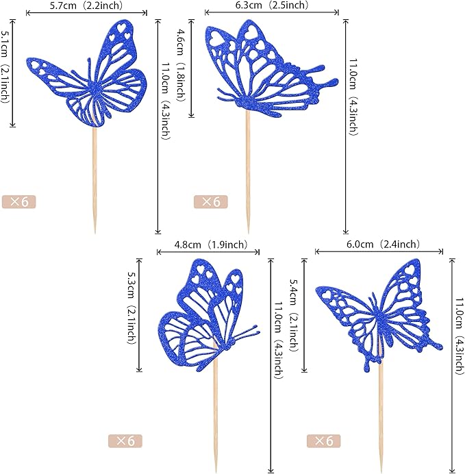 Rsstarxi 24 Pack Butterfly Cupcake Toppers Glitter Assembled Butterfly Baby Shower Cupcake Picks for Wedding Engagement Bridal Shower Kids Birthday Party Cake Decorations Supplies Deep Blue
