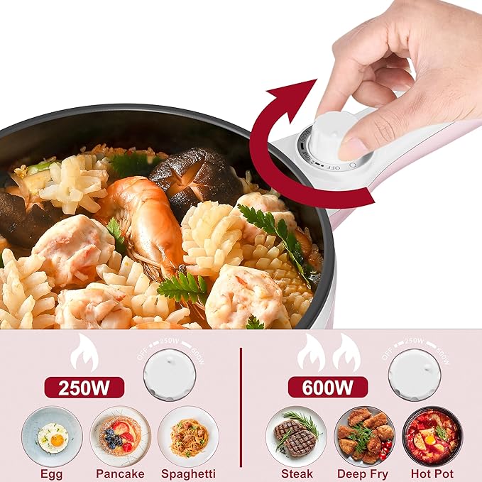 Dezin Hot Pot Electric with Steamer Upgraded, Non-Stick Saut챕 Pan, Rapid Noodles Electric Pot, 1.5L Mini Pot for Steak, Egg, Fried Rice, Ramen, Oatmeal, Soup with Power Adjustment