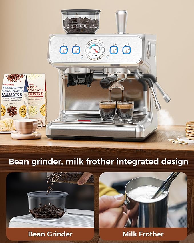 (2025 Upgrade)20 Bar Espresso Machine with Grinder & Milk Frother Steam Wand, Tamping Tools, Expresso Coffee Machines 58mm Commercial Espresso Maker for Home or Cafì±? Perfect for latte, Cappuccino