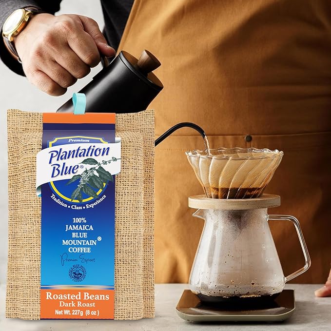Plantation Blue 100% Blue Mountain Coffee, Dark Roast, Whole Bean, Premium Jamaican Coffee, 8oz