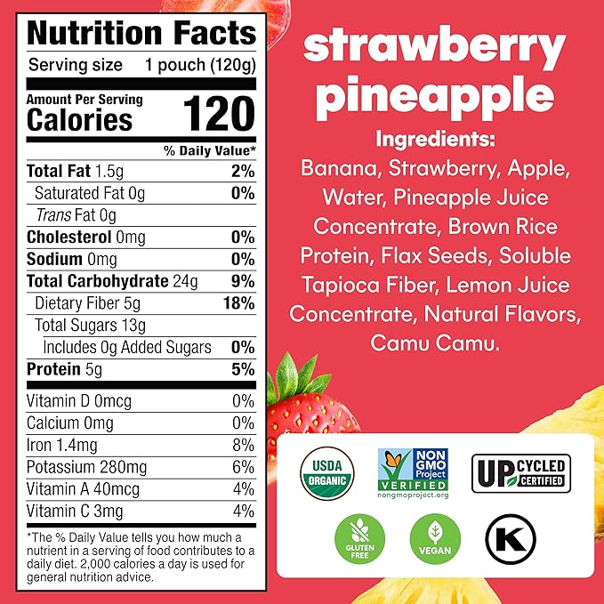 Noka Superfood Fruit Smoothie Pouches, Strawberry Pineapple, Healthy Snacks with Flax Seed, Prebiotic Fiber and Plant Protein, Vegan and Gluten Free, Organic Squeeze Pouch, 4.22 oz, 6 Count