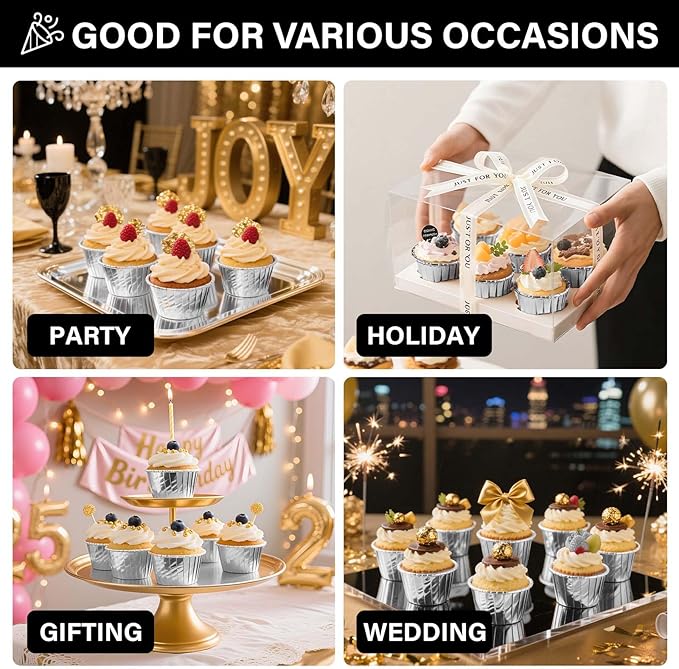 EUSOAR Aluminum Foil Silver Cupcake Liners, 50Pcs Disposable Muffin Liners, Baking Cups, Aluminum Cupcake Tip Pan Ramekin Holders, Little Pudding Cups