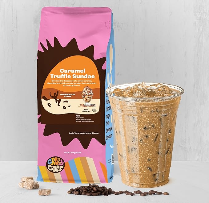 Crazy Cups Flavored Ground Coffee, Caramel Truffle Sundae Coffee, For Brewing Flavored Hot or Iced Caramel Coffee, 10oz(Pack of 1)