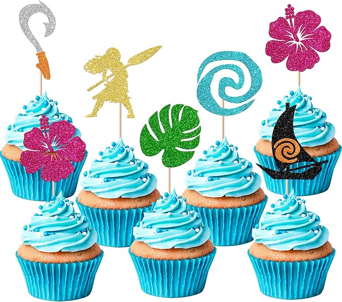 Rsstarxi 30 Pack Moana Cupcake Toppers Glitter Palm Leaf Flower Cupcake Picks Tropical Hawaiian Luau Cupcake Decorations for Moana Baby Shower Birthday Party Cake Decorations