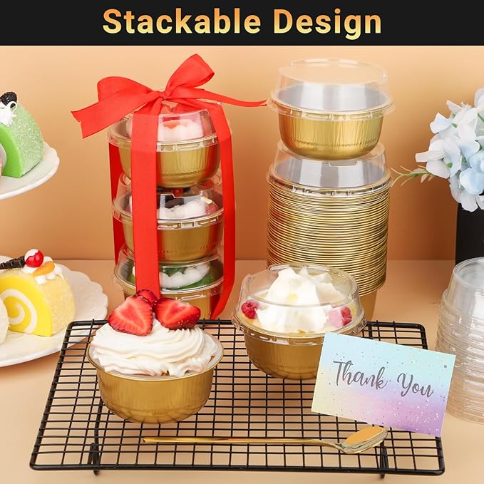 Beasea Aluminum Ramekins With Lids, 50 Pack 6.1oz 180ml Disposable Foil Aluminum Baking Cups Round Oven Baking Mini Cupcake Cups for Party - Gold