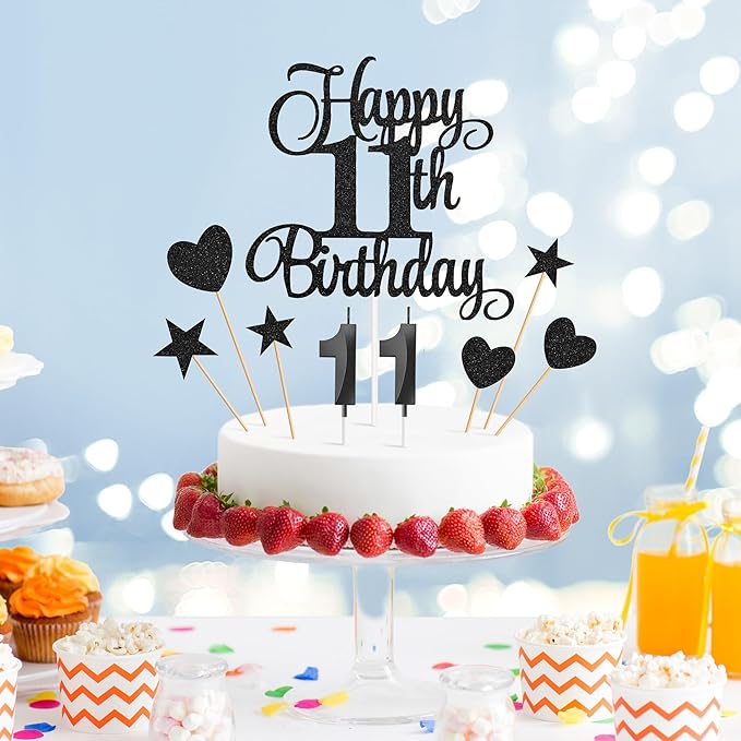 11th Birthday Cake Decorations, 11th Birthday Candles Cake Numeral Candles and Glitter Happy 11th Birthday Cake Toppers Set for Birthday Party Supplies (Black)