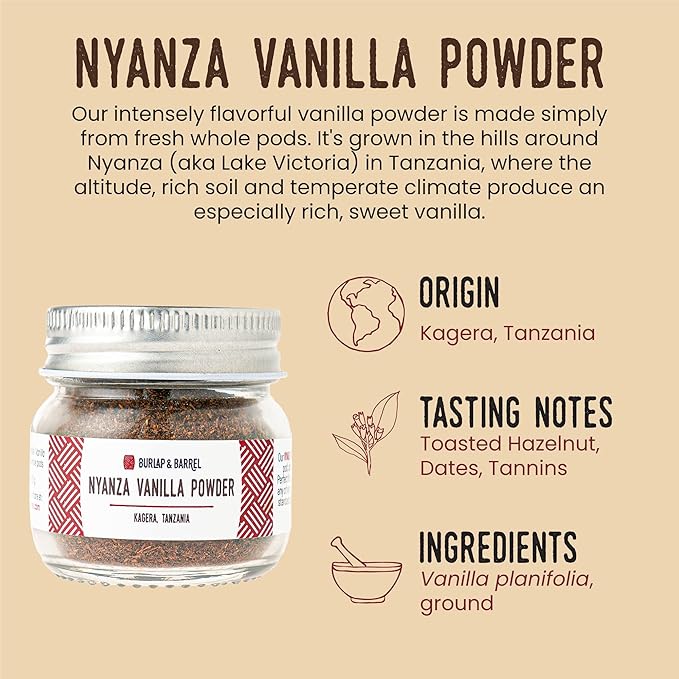 Burlap & Barrel Nyanza Vanilla Powder ??Sweet, Classic Vanilla Flavor with Date-Tannin Aroma ??Suitable for Baking and Cooking ??As Seen On Shark Tank - 0.9oz Glass Jar
