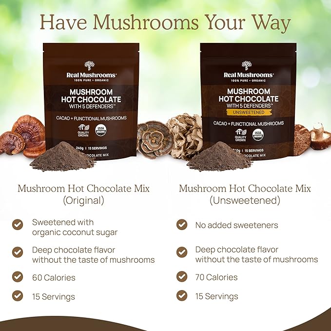 Real Mushrooms Organic Hot Chocolate Mix with Reishi, Turkey Tail, Chaga, Shiitake, Maitake ??Cacao Powder Organic Mushroom??5 Defenders Mushroom Cacao Powder, Vegan, Gluten-Free, 15 Servings