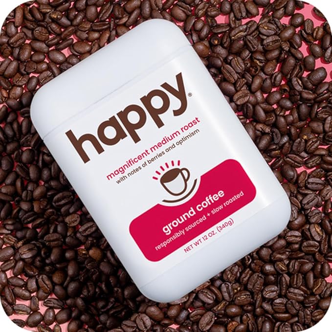 happy coffee medium roast ground coffee, 12 oz., notes of berries & optimism, recyclable container, grown & harvested in Brazil & Colombia, ra챠z sustainability verified