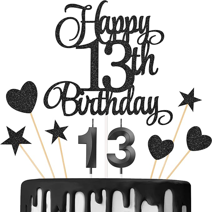 13th Birthday Cake Decorations, 13th Birthday Candles Cake Numeral Candles and Glitter Happy 13th Birthday Cake Toppers Set for Birthday Party Supplies (Black)