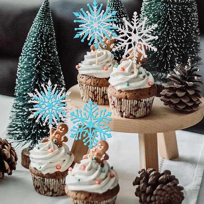 24 PCS Glitter Snowflake Cupcake Toppers Winter Frozen Theme Cupcake Picks Winter Wonderland Cake Decorations for Snowflake Theme Baby Shower Birthday Merry Christmas Party Supplies Blue Silver