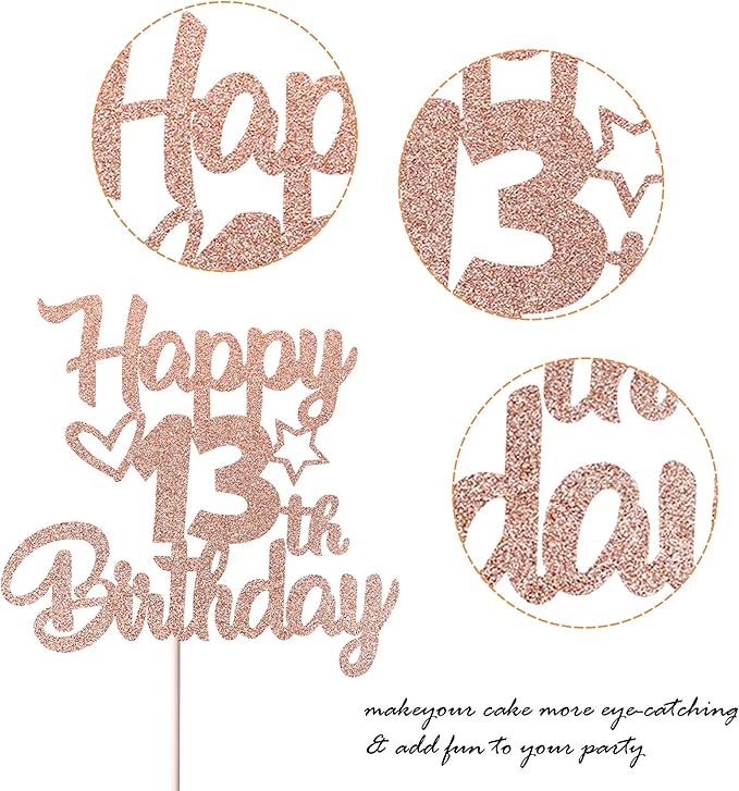 1 Pack Happy 13th Birthday Cake Topper Glitter Heart Star 13 Fabulous Cake Pick Birthday Sign Cake Decorations for Children 13th Birthday Theme Party Supplies Rose Gold