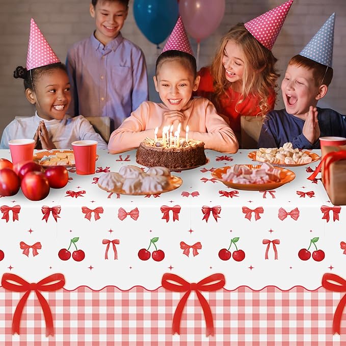 3Pcs Bow Party Tablecloths - Red Cherry Party Table Covers Decorations Coquette Bow Rectangular Plastic Disposable Table Cloth Decor for Girls Women Kids Birthday Baby Shower Supplies
