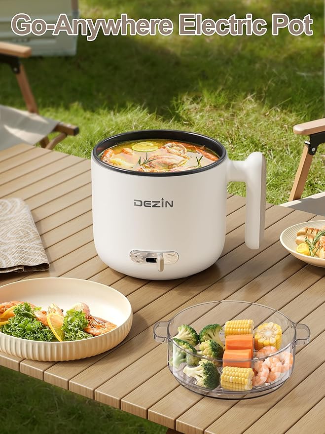 Dezin Electric Pot with Steamer, 1.8L Dual Power Ramen Cooker, Portable Non-Stick Hot Pot Electric for Soup, Pasta, Egg, Oatmeal, Overheat & Boil-Dry Protection, Ideal for Dorm, Office(Beige)